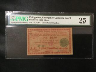1944 Philippines Emergency Guerrilla One Peso Pmg Vf25 Banknote