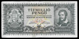 World Paper Money - Hungary 10 Million Pengo 1945 @ Vf