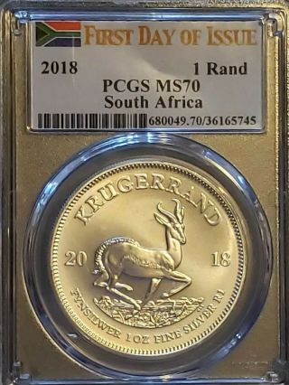2018 First Day Of Issue Pcgs Ms70 1 Krugerrand One Ounce Fine Silver.  999 Africa