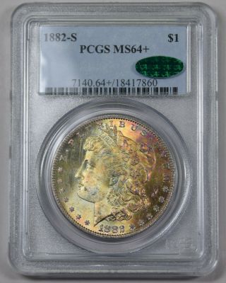 1882 - S Morgan Silver Dollar Pcgs Ms64,  Cac Pq Pastel Rainbow Toned