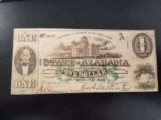 1863 State Of Alabama One Dollar Obselete Currency