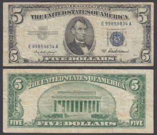 Usa 5 Dollars 1953 A (f) Condtion Silver Certificate Blue Seal Lincoln