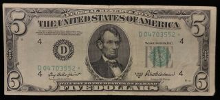 1950b $5 Federal Reserve Note Frn - D04703552 - Cleveland Star - Cu004