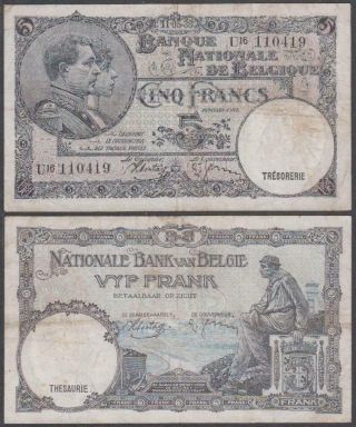 Belgium - Banque Nationale,  5 Francs,  1938,  Vf,  P - 108