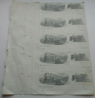 Skinner Bros.  - Columbus Ks - Sheet Of 5 Checks - Vignette Of Steam Train - 1890s