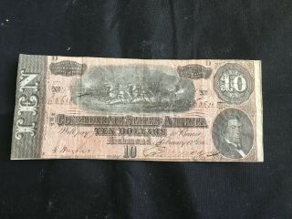 1864 Civil War Confederate Money $10 Ten Dollar Note Bill Richmond Va