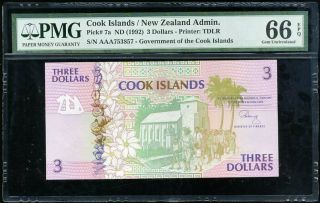 Cook Islands 3 Dollars 1992 P 7 Aaa Prefix Gem Unc Pmg 66 Epq