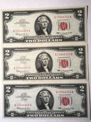 1963 $2 Red Seal Federal Reserve Notes - 3 Consecutive - Ch Gem Unc Crisp