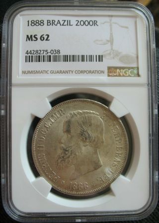 1888 Brazil Silver 2000 Reis Ngc Ms - 62