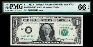 1963a $1 Federal Reserve Note Frn ( (kansas City))  Pmg 66 Epq • 1901 - J