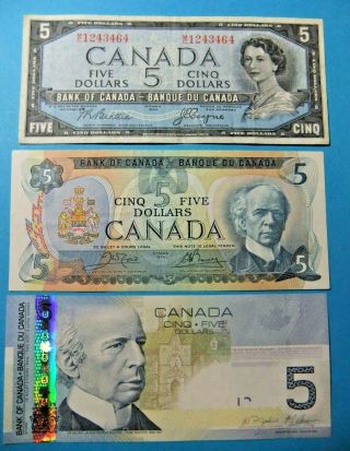 3 Bank Of Canada 5 Dollar Notes - 1954,  1979,  2006 -