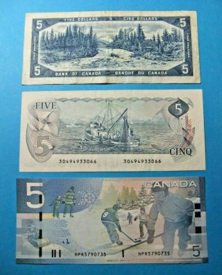 3 Bank of Canada 5 Dollar Notes - 1954,  1979,  2006 - 2