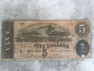 1864 $5 Five Dollars Confederate States Note - Richmond,  Virginia