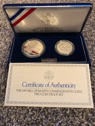 1993 Us “s” Bill Of Rights Commemorative Two Silver Coins Proof Set