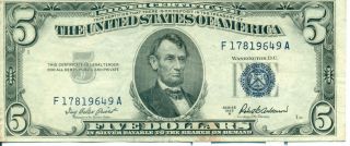1953a $5 Blue Seal Federal Reserve Banknote.