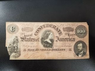 1864 Confederate States Of America $100 - Csa T - 65