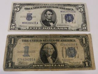 Series 1934 $5 Five $1 One Dollar Bill Blue Seal Silver Certificate Paper Money