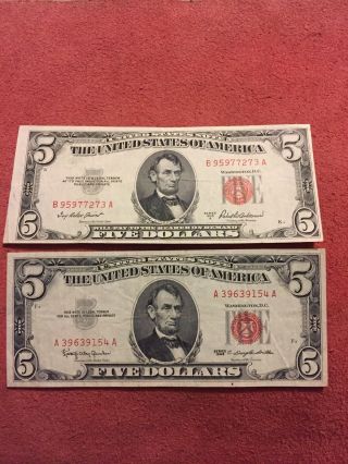2 1963 $5 Dollar Red Seal Bill Circulated