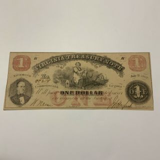 1862 Virginia Treasury Note $1 Obsolete Currency Richmond Va