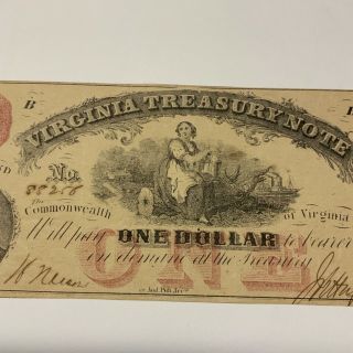 1862 Virginia Treasury Note $1 Obsolete Currency Richmond VA 2