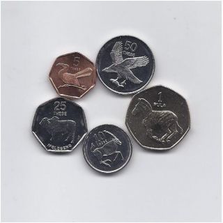 Botswana 1998 - 2007 Five Coins Animals Fauna Set 5 Thebe To 1 Pula
