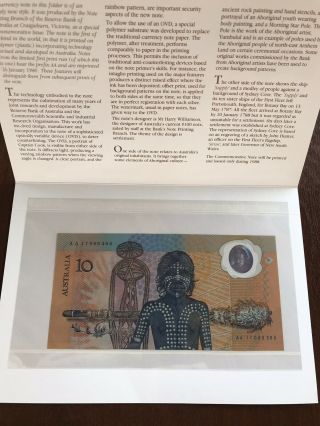 1988 Australia Commemorative $10 Note In Folder