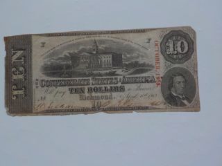 Civil War Confederate 1863 10 Dollar Bill Richmond Virginia Paper Money Currency
