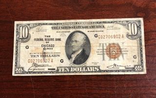 1929 $10 National Bank Note - Federal Reserve Bank Of Chicago Illinois