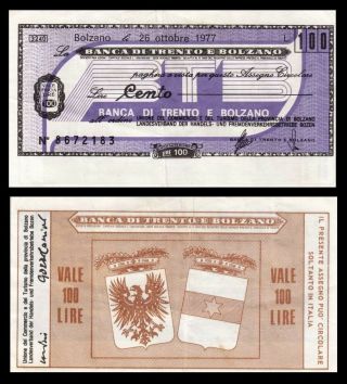 Italy 100 Lire Banca Di Trento E Bolzano 1977 Xf