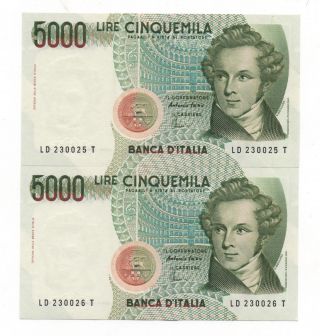 Italy 2 X 5000 Lire 1985 Consecutive Numbers Pick 111 Unc