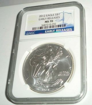 2012 Us $1 American Silver Eagle Dollar Coin Ngc Ms 70 Early Releases Label
