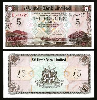 Northern Ireland Ulster Bank,  5 Pounds 2013,  Unc,  P - 340,  Prefix E