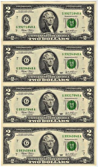 Uncut Federal Reserve Note $2.  00 Sheet Of 4: Series 2003: W/