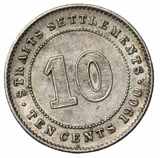 1900 - H Straits Settlements Silver 10 Ten Cents British Queen Victoria KM 11 2
