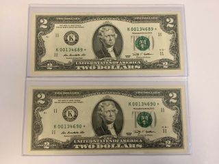 2 Consecutive $2 Dollar Bill Star Note 2009 Low Number K 00134689 K00134690