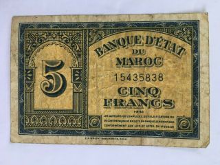 1943 Morocco 5 Francs Bank Note Maroc Cinq Vintage Currency Banque D 