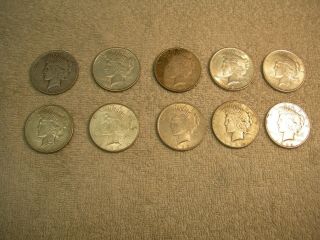 Ten 1922 - 24 Peace Silver Dollars Various Mints