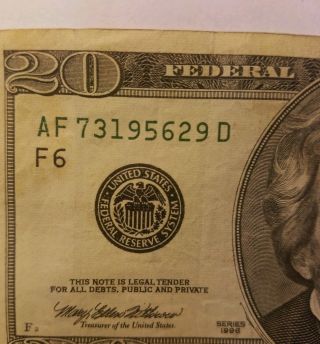 1996 $20 Twenty Dollar Bill Note U.  S.  Currency Serial Af 73195629 D