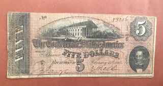 Old 1864 Confederate States Csa $5 Five Dollar Bill - Civil War Note Richmond