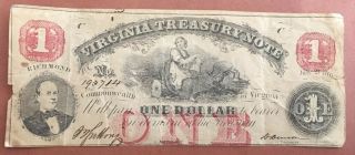 Civil War Confederate 1862 1 Dollar Bill Virginia Treasury Paper Money Currency