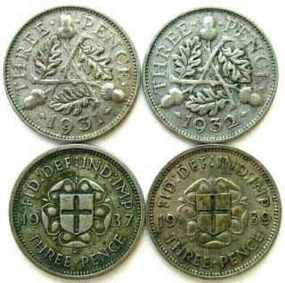 Gb / Uk Coins,  Threepence 1931 & 1932 & 1937 & 1939,  George V & Vi,  Silver 0.  500