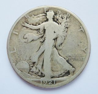 Key Date 1921 - D U.  S.  Walking Liberty Silver Half Dollar Good Plus