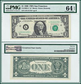 1969 Star $1 San Francisco Federal Reserve Note Pmg 64 Epq Choice Unc Frn Dollar