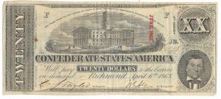 Confederate States Of America $20.  00 Bank Note,  T - 58,  Plt F Sn19715 Very Good