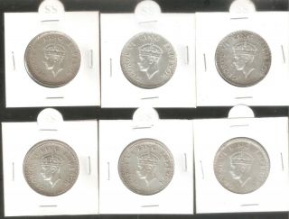 1 Rupee British India George Vi Half Silver Complete Set (1940/41/42/43/44/45)