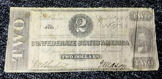 1863 $2 Confederate States Of America,  Richmond Two Dollars Serial No.  1607 Pp E