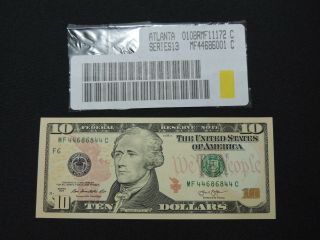 2013 $10 Us Dollar Bank Note Mf 44686844 C Repeater Bill Unc Cu United States F6