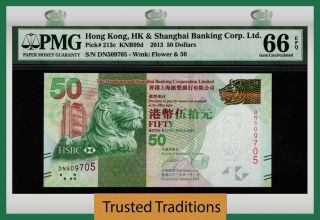 Tt Pk 213c 2013 Hong Kong 50 Dollars " Majestic Lion " Pmg 66 Epq Gem Uncirculated