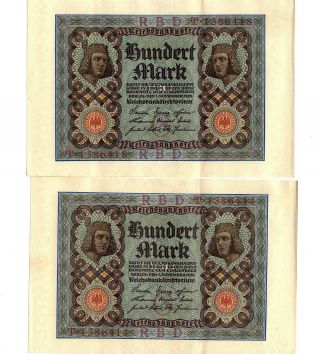 2 - 1920 German 100 Mark Bills.  Currency,  Berlin,  Reichsbanknote