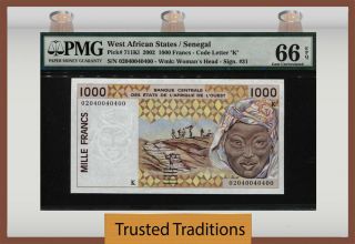 Tt Pk 711kl 2002 West African States / Senegal 1000 Francs Pmg 66 Epq Gem Unc